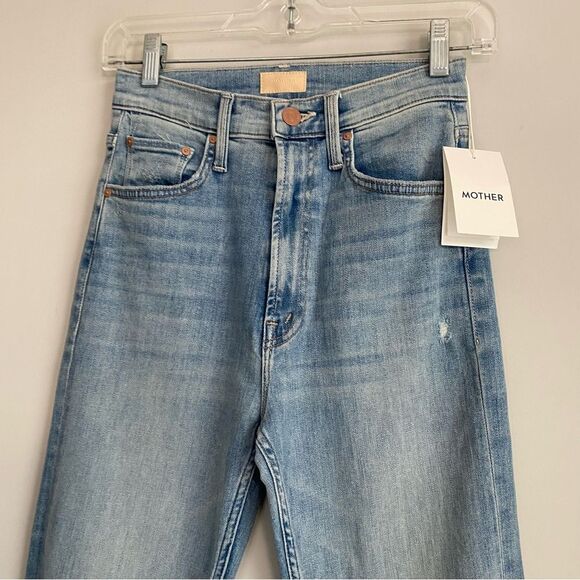 MOTHER High Waisted Rider Skimp Straight Leg Distressed Denim Jeans in Dreamer - Picture 7 of 12